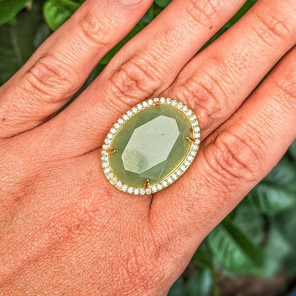 14k Gold Aventurine Gemstone Adjustable Statement Ring Plated in 14k Gold - Picture 3 of 4